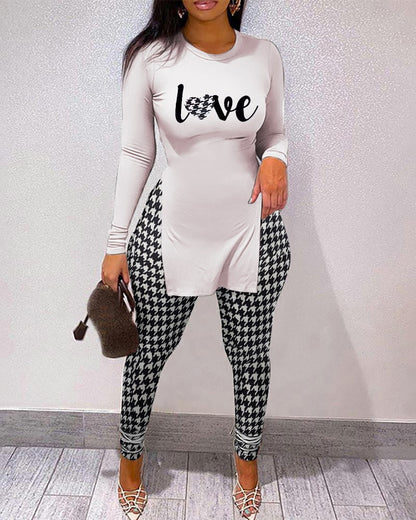 Conjunto deportivo informal de manga larga con cuello redondo y pantalones ajustados para mujer