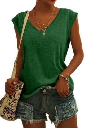 Women Casual Solid Color V Neck Simple Loose Sleeveless Tank Top