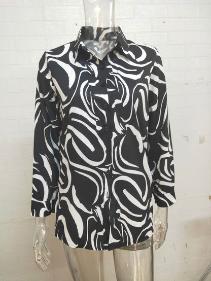 Camisa informal de manga larga con solapa y estampado de rayas de leopardo para mujer