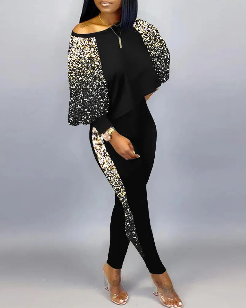 Conjunto de top holgado y pantalones ajustados con estampado gráfico informal de moda para mujer