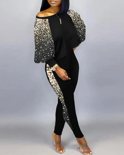 Conjunto de top holgado y pantalones ajustados con estampado gráfico informal de moda para mujer