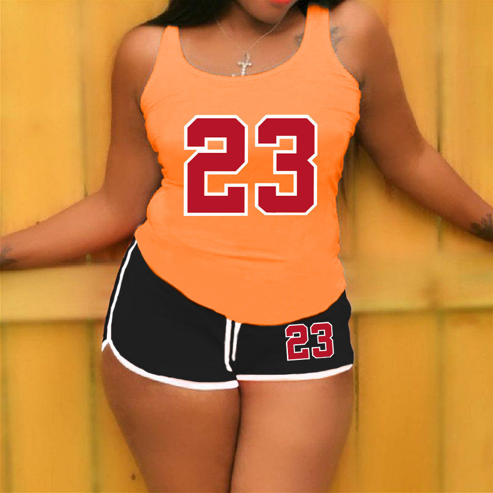Conjunto de 2 piezas de camiseta sin mangas con cuello redondo y pantalones cortos holgados con estampado digital de color sólido informal para mujer