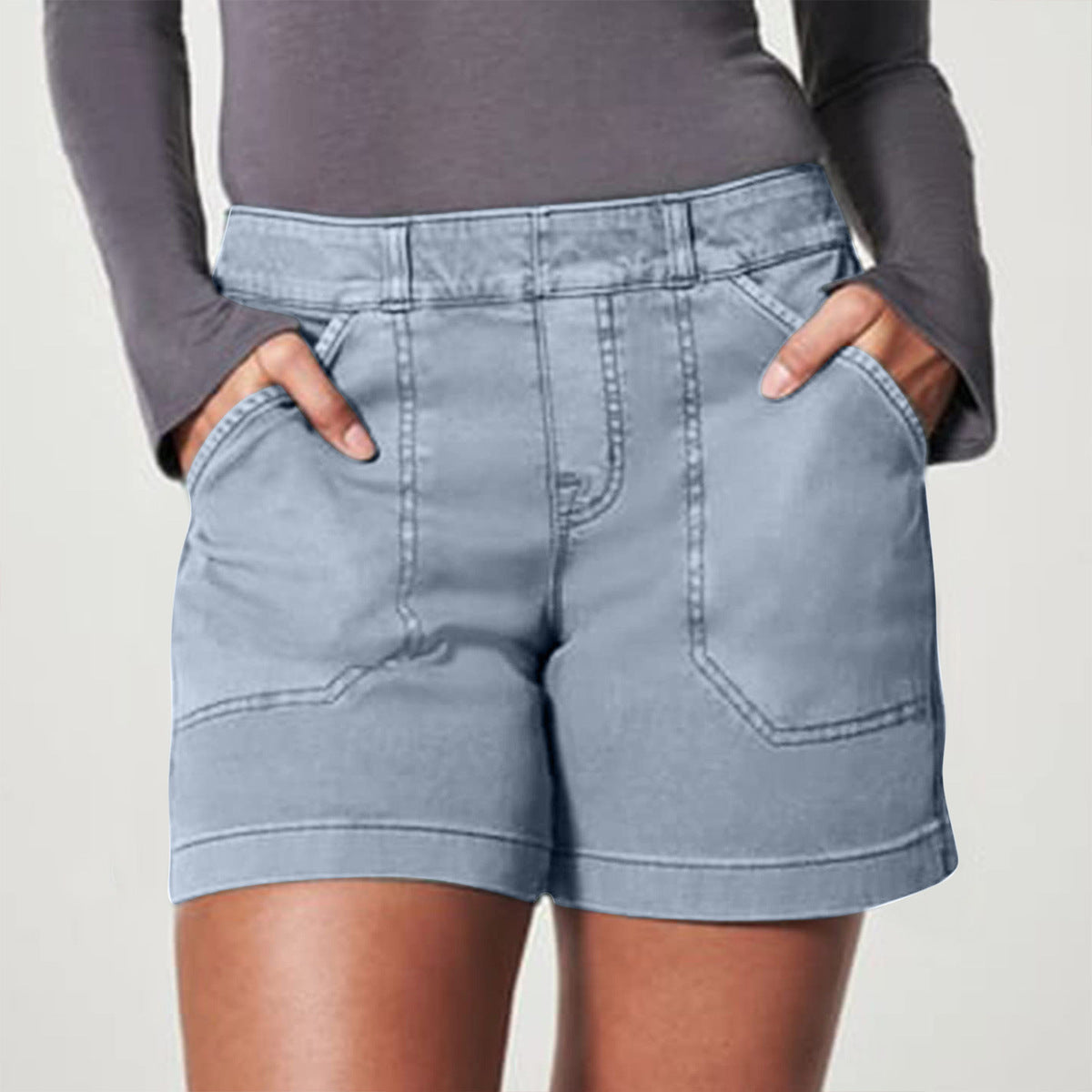 Women Fashion Casual High Waist Hip Elastic Twill Shorts