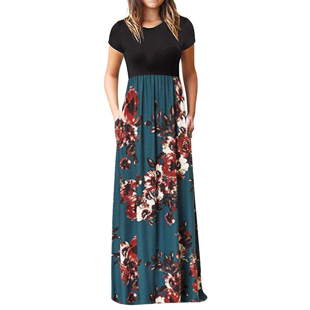 Vestido largo informal de manga corta con cuello redondo y estampado floral para mujer