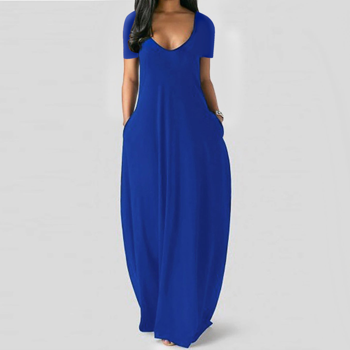 Summer Plus Size Women Basic Solid Color Casual V Neck Short-Sleeved Maxi Dress With Pockets