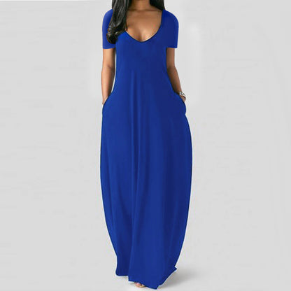 Summer Plus Size Women Basic Solid Color Casual V Neck Short-Sleeved Maxi Dress With Pockets