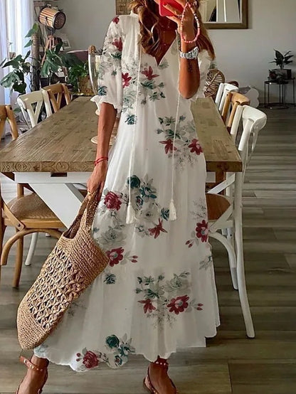 Women Casual Loose V Neck Floral Maxi Dress