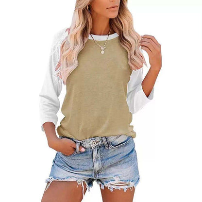Camiseta informal de manga larga con cuello redondo y contraste de colores para mujer