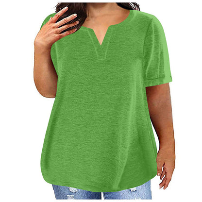 Women Casual Plus Size Solid Color V-Neck Short Sleeve Pocket T-Shirt