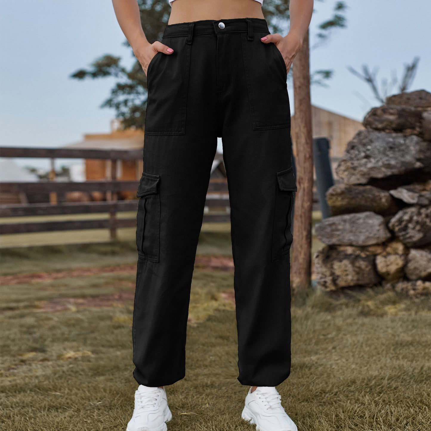 Women Fashion Casual High Waist Denim Cargo Pants