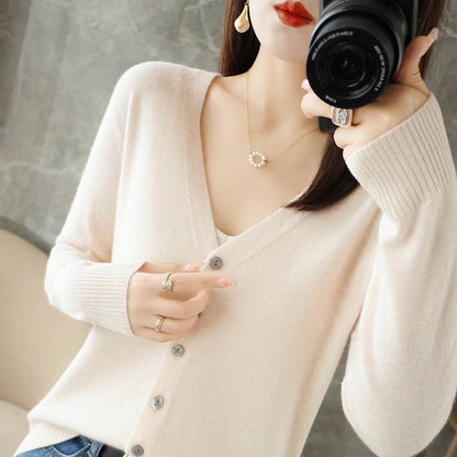 Chaqueta de punto con cuello en V informal de manga larga para mujer