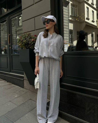 Fall Winter Women Fashion Simple Zipper Sweatshirt Jacket Casual Straight Leg Pants Set