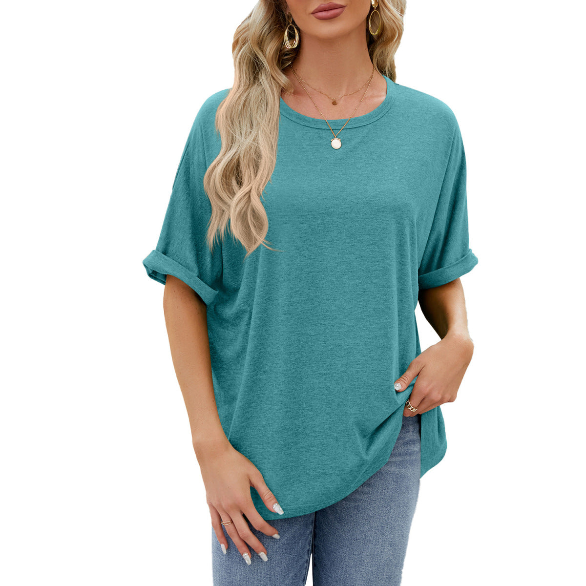 Camiseta informal de verano para mujer, color liso, cuello redondo y manga corta