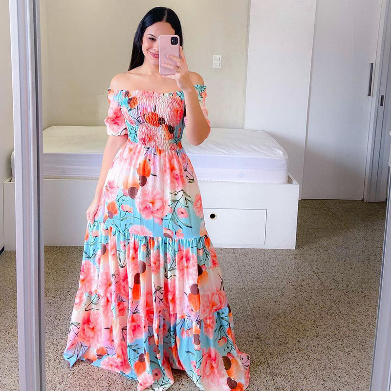 Summer Vacation Women Rainbow Color Floral Butterfly Large Swing Off Shoulder Casual Maxi Dress