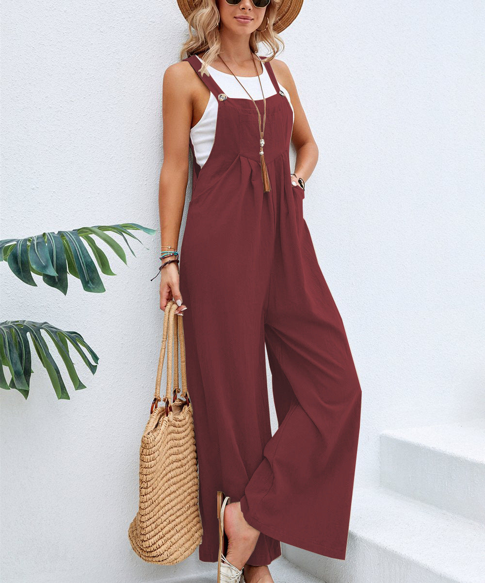 Women Solid Color Casual Wide Leg Suspender Jumpsuits