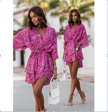 Vestido informal con estampado geométrico y mangas murciélago y cuello en V para mujer