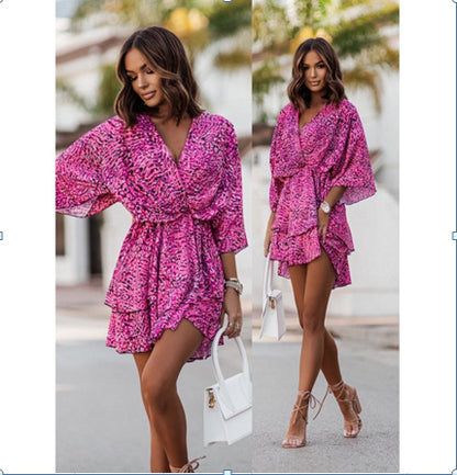 Vestido informal con estampado geométrico y mangas murciélago y cuello en V para mujer