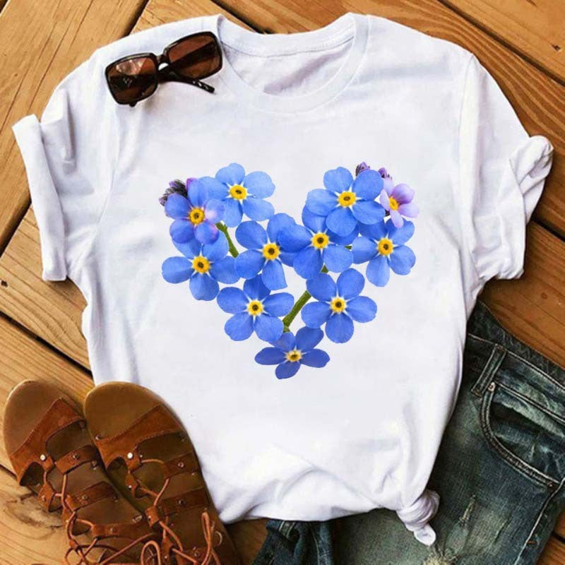 Camiseta informal de manga corta con estampado de corazones para mujer