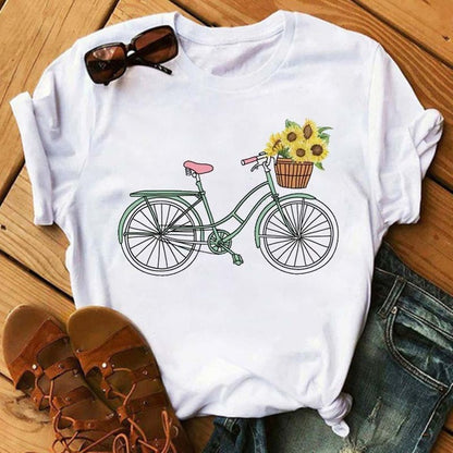 Camiseta holgada informal de manga corta con estampado de bicicleta para mujer