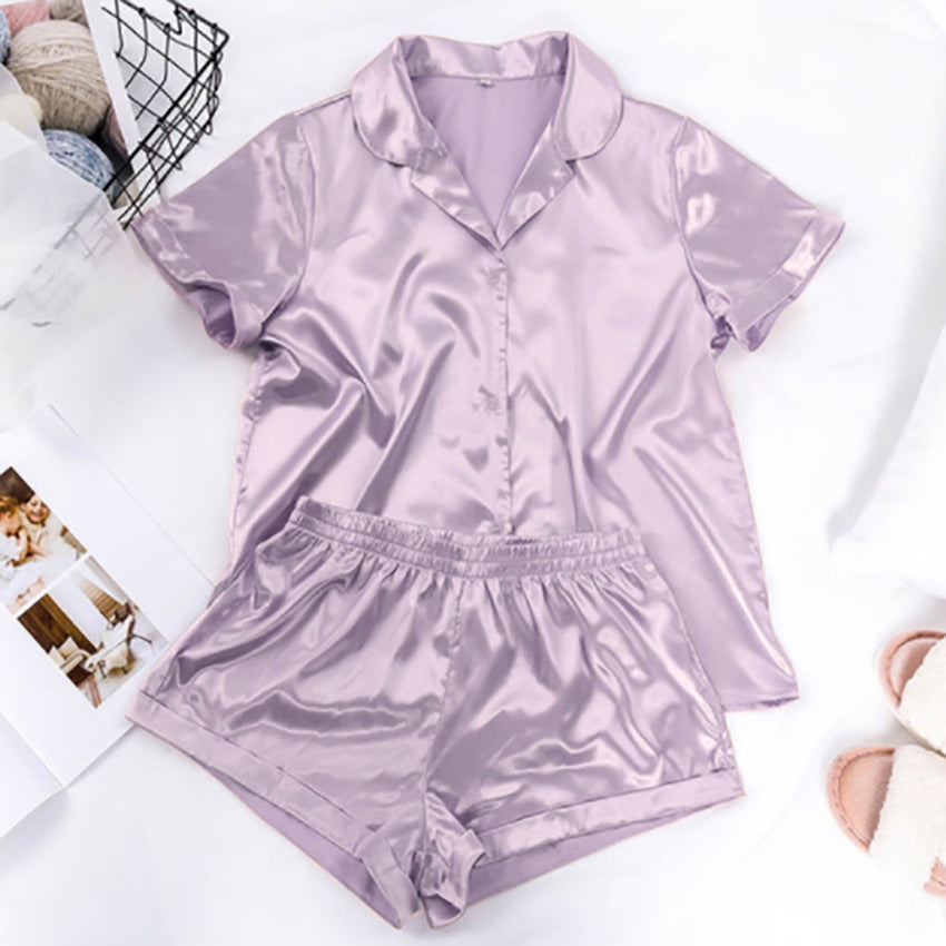 Conjunto de pijama holgado informal de seda con manga corta y pantalones cortos para mujer