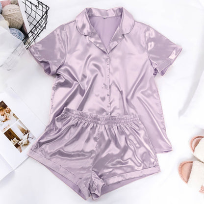Conjunto de pijama holgado informal de seda con manga corta y pantalones cortos para mujer