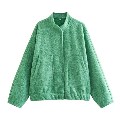 Chaqueta holgada informal de color liso con cuello alto para mujer
