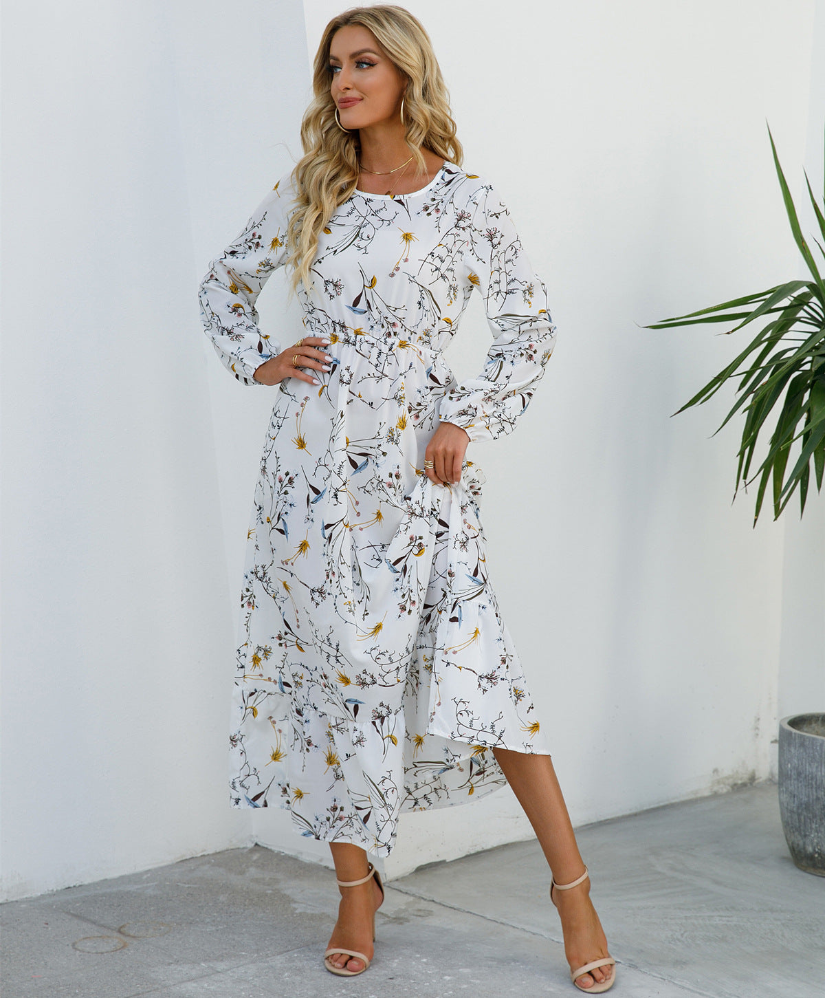 Vestido largo informal de manga larga con cuello redondo y estampado floral para mujer