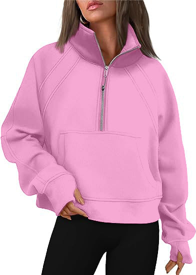 Sudadera informal de invierno para mujer, color liso, con cuello con cremallera y forro polar