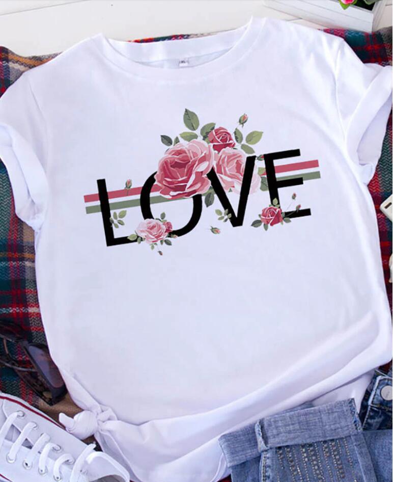 Camiseta informal de manga corta con estampado de corazón para mujer