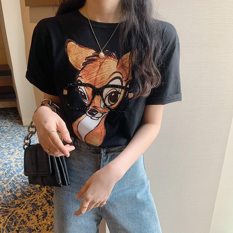 Camiseta básica informal de verano para mujer, holgada, con estampado de sonrisas y manga corta