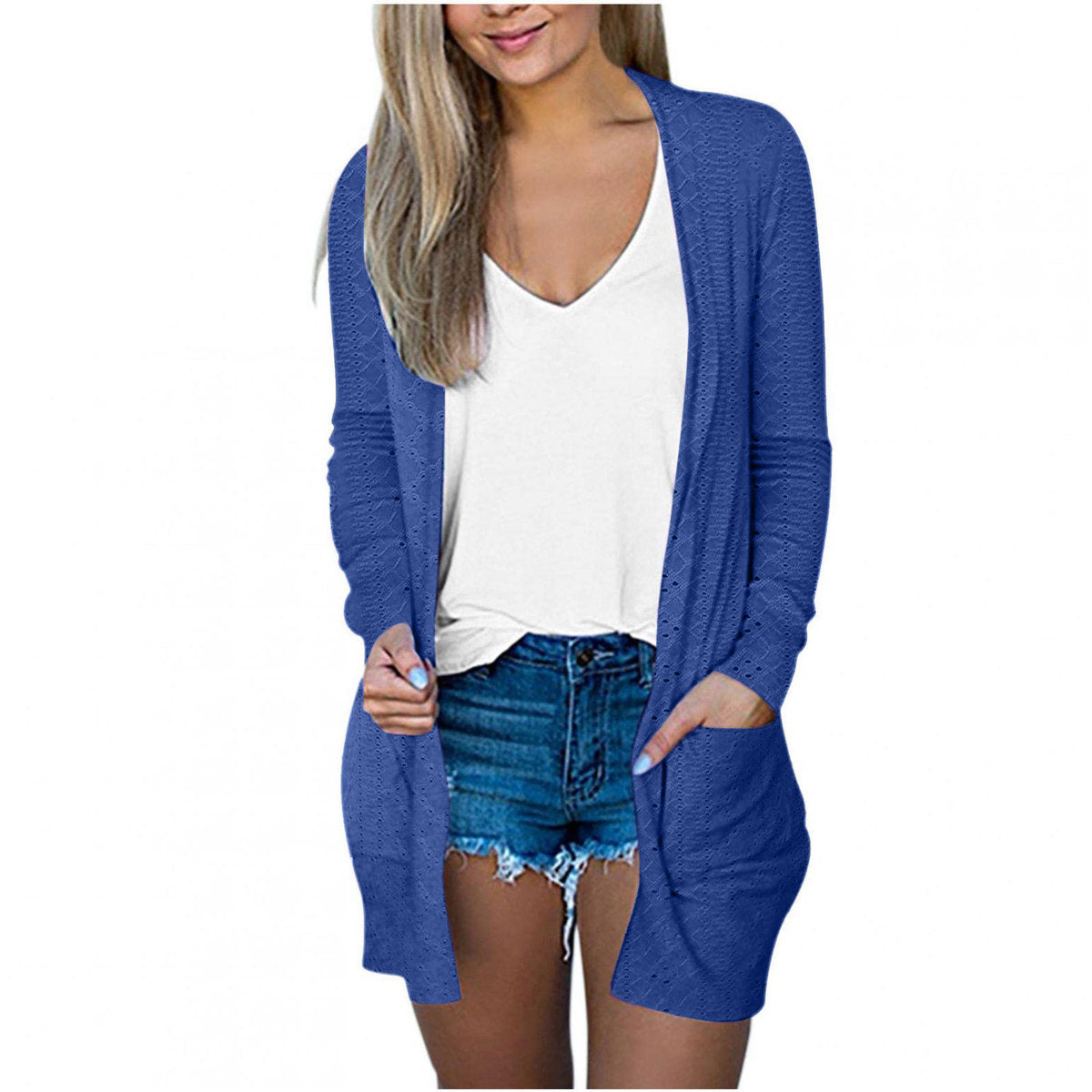 Abrigo informal holgado de manga larga con bolsillos en color liso para mujer