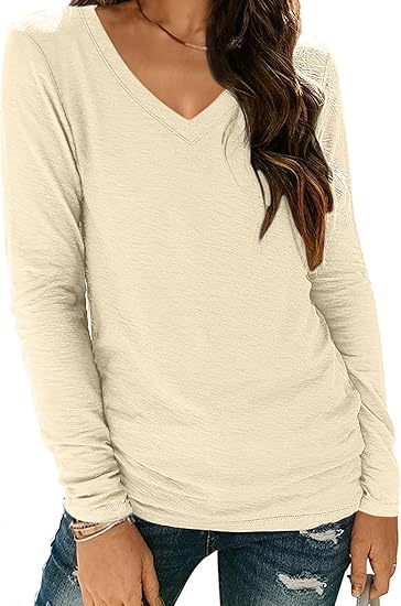 Camiseta informal de manga larga con cuello en V y color liso para mujer