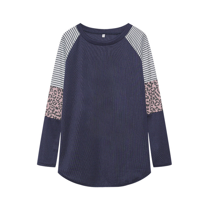 Camiseta informal de manga larga con cuello redondo y rayas de leopardo para mujer de otoño
