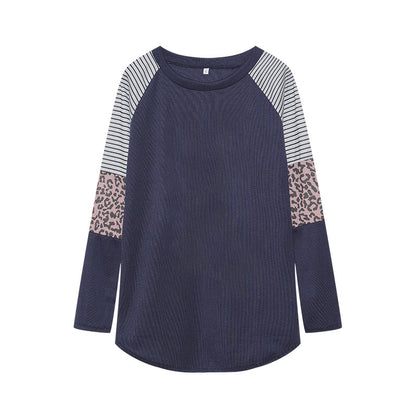 Camiseta informal de manga larga con cuello redondo y rayas de leopardo para mujer de otoño