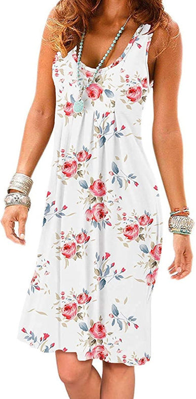 Women Casual Solid Color Loose Pleated Sleeveless Dress