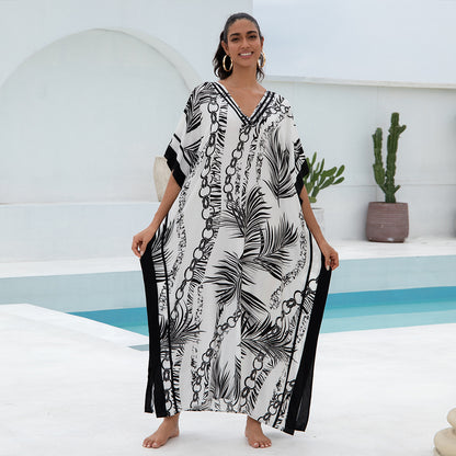 Traje de baño de playa holgado con cuello en V y estampado informal para mujer