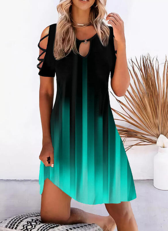 Women Vintage Short Sleeves Cool Shoulder Casual Dress