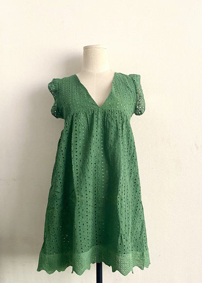 Women Casual Lace Hollow V-Neck Reffled Sleeveless Dress