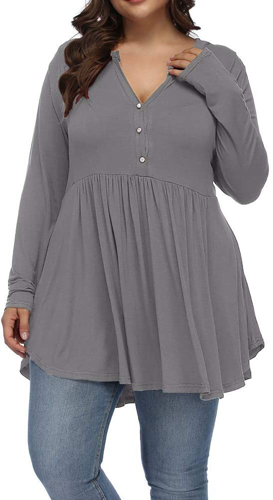 Camiseta informal de manga larga plisada con botones y escote en V de color liso para mujer, talla grande