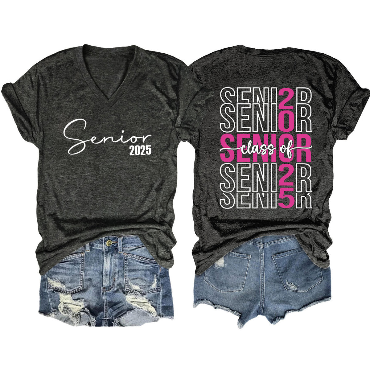 Camiseta informal de manga corta con cuello en V y estampado de letras para mujer 2025