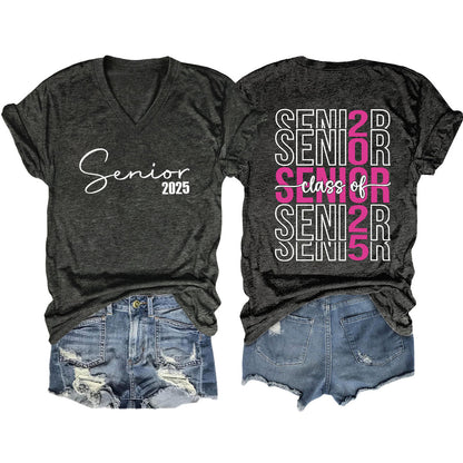 Camiseta informal de manga corta con cuello en V y estampado de letras para mujer 2025