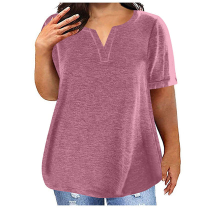 Women Casual Plus Size Solid Color V-Neck Short Sleeve Pocket T-Shirt