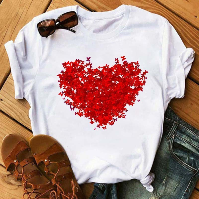 Camiseta informal de manga corta con estampado de corazones para mujer