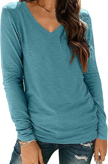 Camiseta informal de manga larga con cuello en V y color liso para mujer