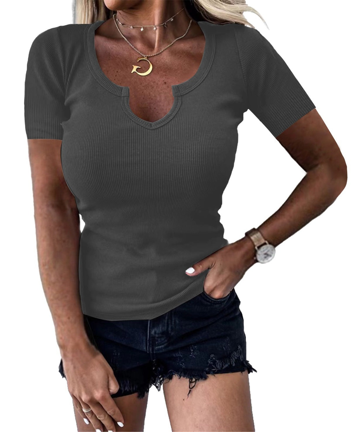 Camiseta informal de cuello en U profundo para mujer, color liso, sin mangas