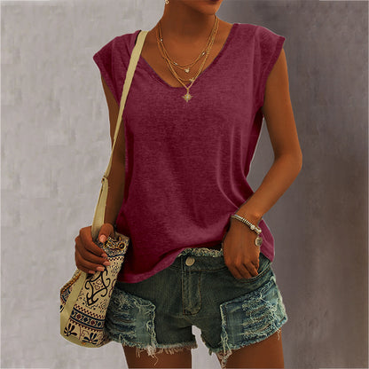 Women Casual Solid Color V Neck Simple Loose Sleeveless Tank Top