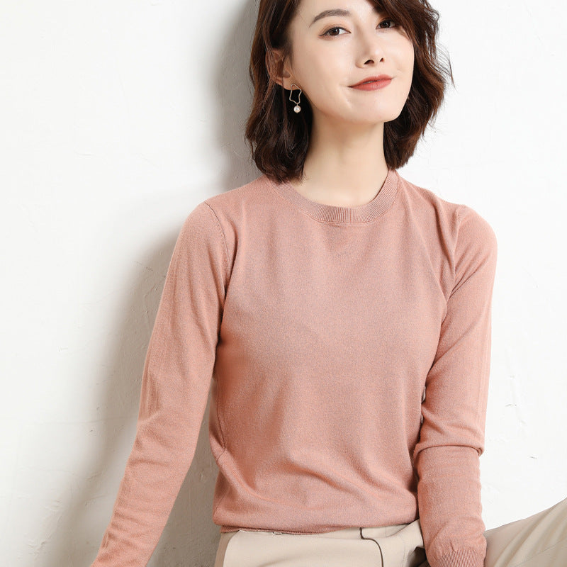 Women Simple Casual Solid Color Round Neck Long Sleeve Knitted Sweater