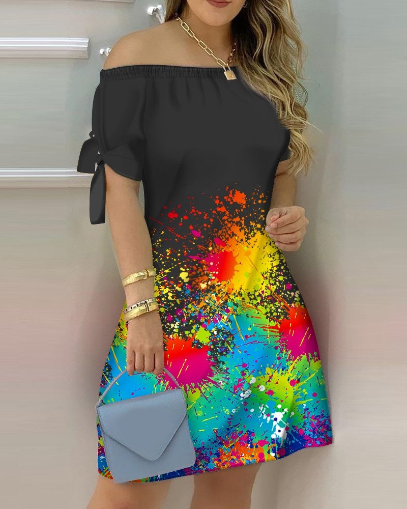 Women Casual Off-The-Shoulder Short Sleeves Color Blocking Dress