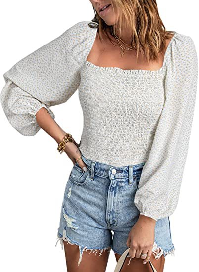 Camisa informal de color liso con cuello cuadrado y mangas abullonadas para mujer