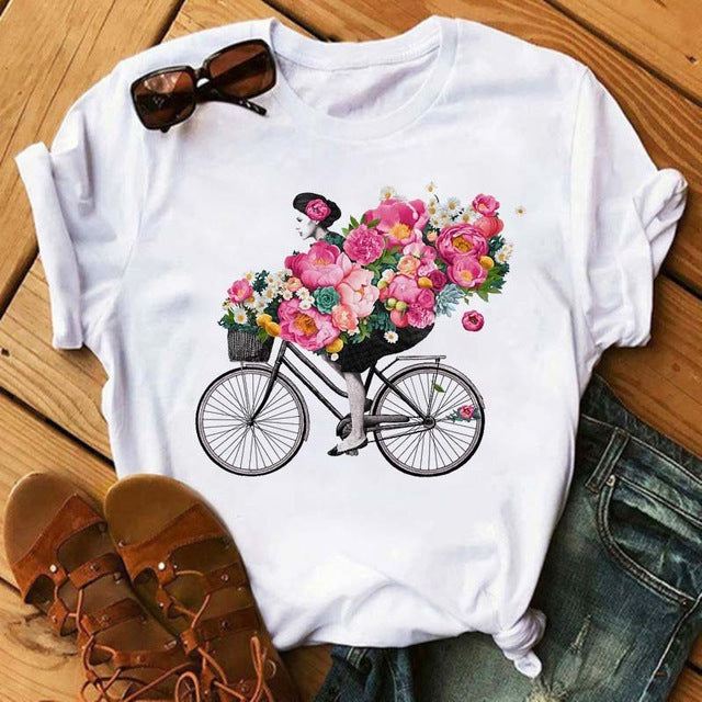 Camiseta holgada informal de manga corta con estampado de bicicleta para mujer